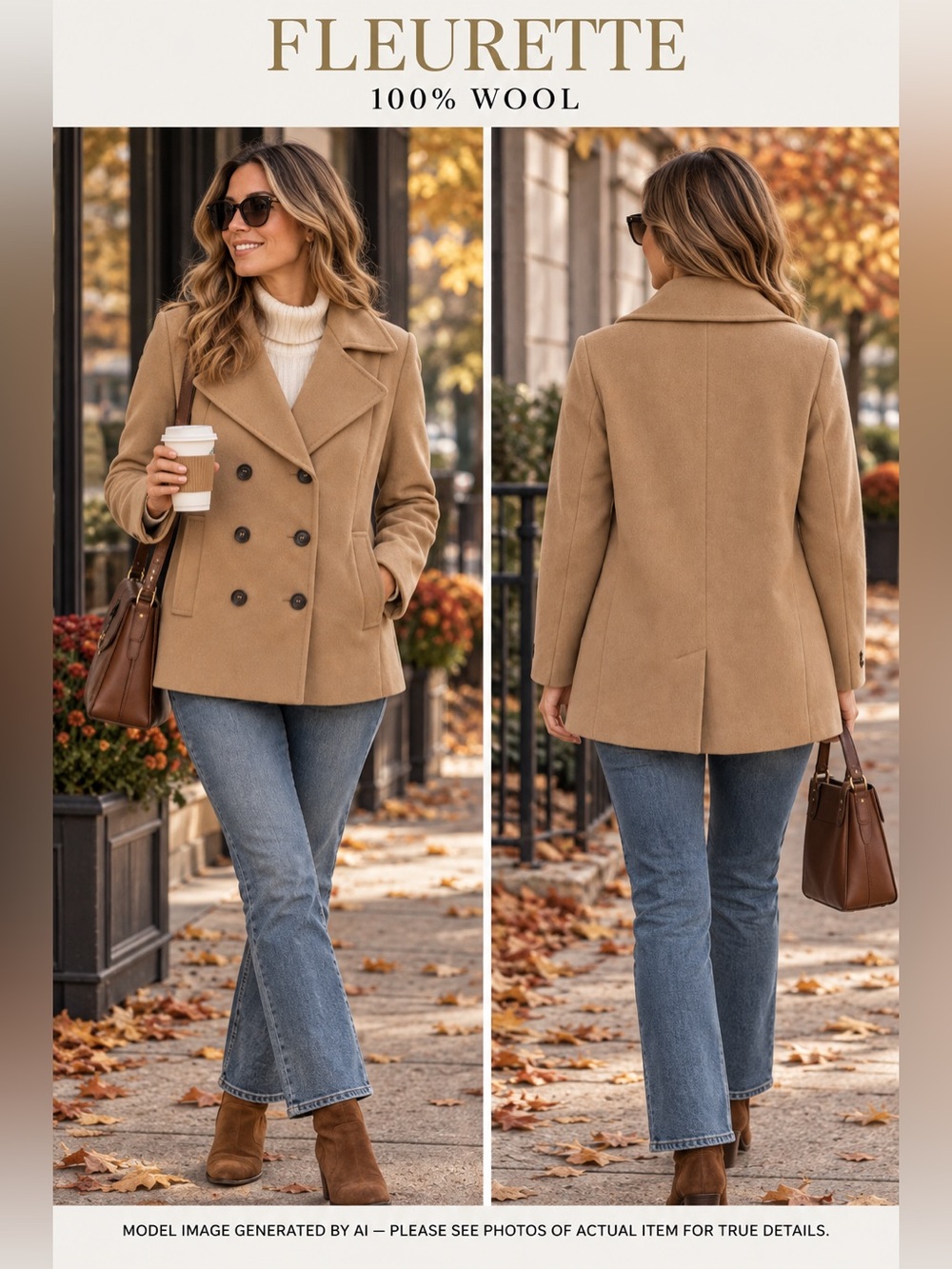Fleurette Loro Piana 100% Wool 10 Peacoat Camel Jacket Preppy Academia Old Money